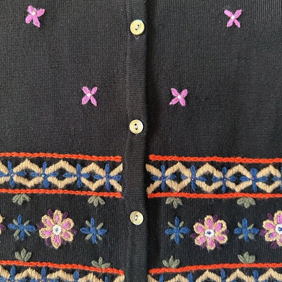 Lord&Taylor Black Cardigan Sz PM Floral Embroidered Merino Wool Boho Cottagecore - Picture 3 of 8